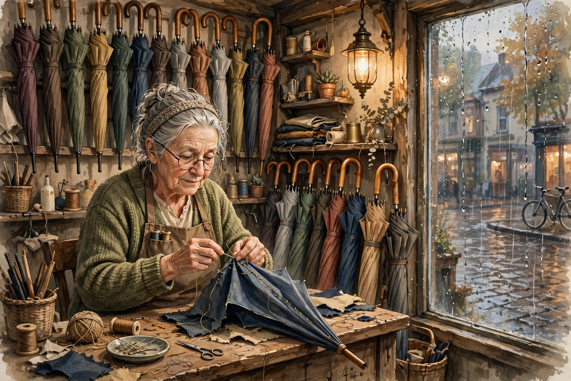 Elderly woman mending an umbrella in her cozy repair shop, a warm illustration for the moral story The Umbrella Maker