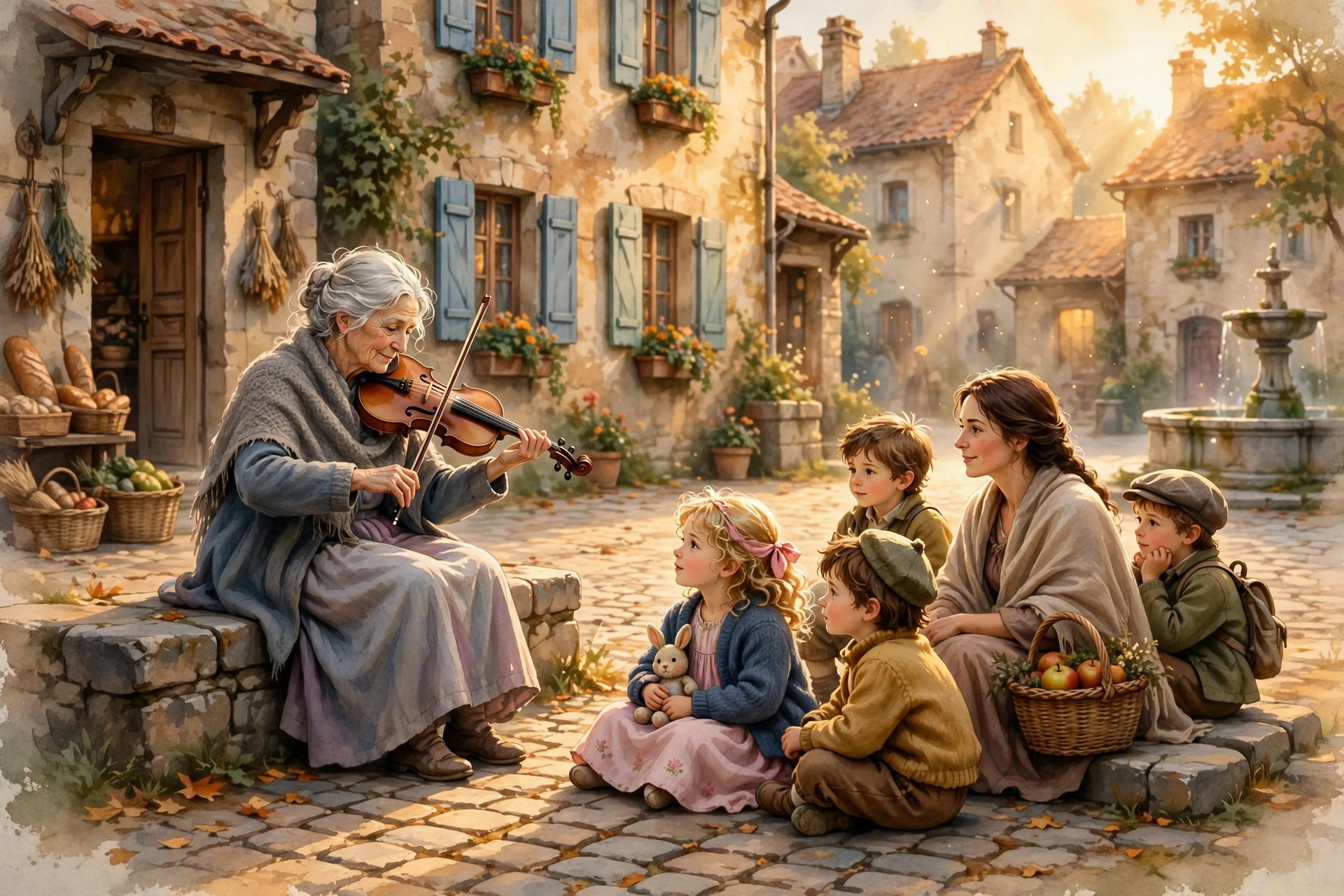 Elderly violinist playing violin in a sunlit cobblestone town square while children and shoppers listen — featured image for The Quiet Violin motivational short story