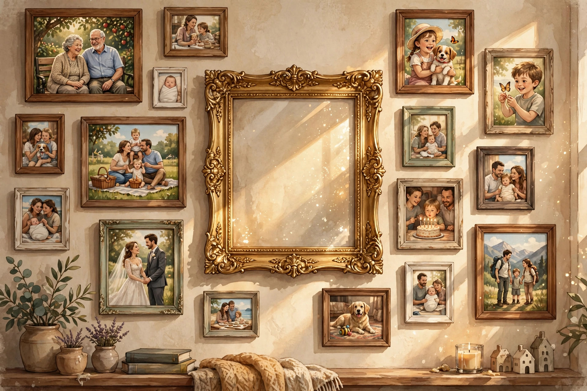 An empty gold picture frame hanging in the centre of a living-room photo gallery wall