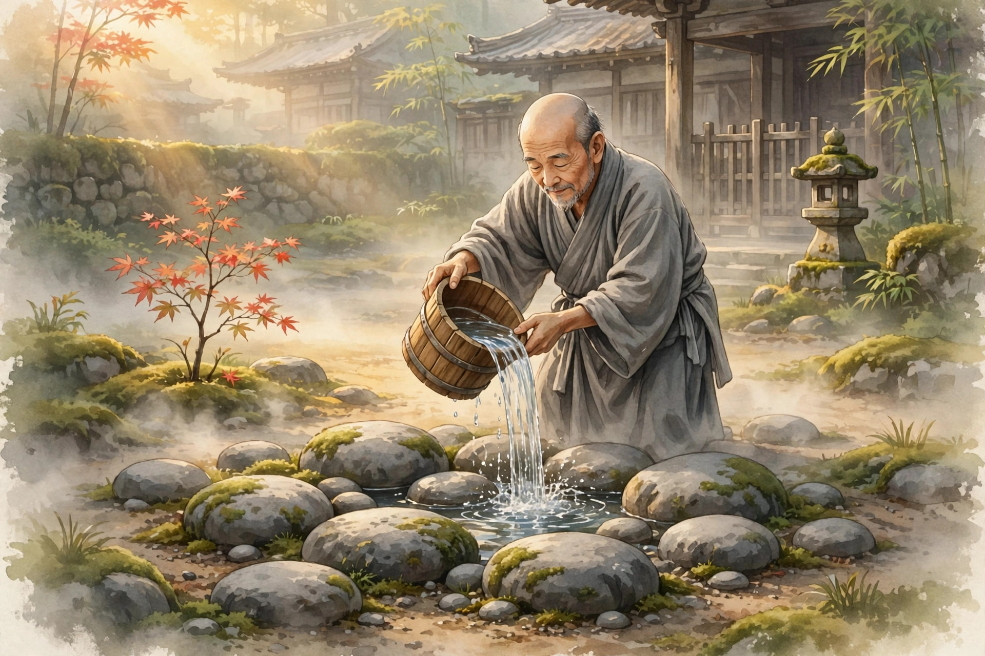 Elderly Zen monk pouring water from a wooden bucket over smooth mossy stones in a temple courtyard garden at dawn