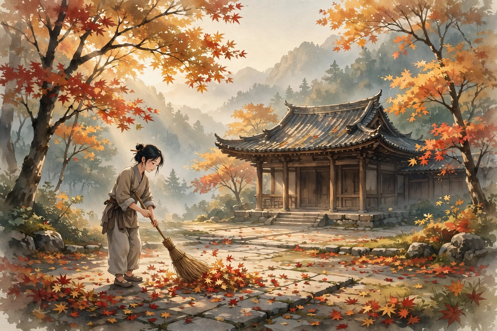 A young woman sweeping autumn leaves in a mountain temple courtyard at dawn — illustration for the Buddhist story "The Leaf Sweeper"