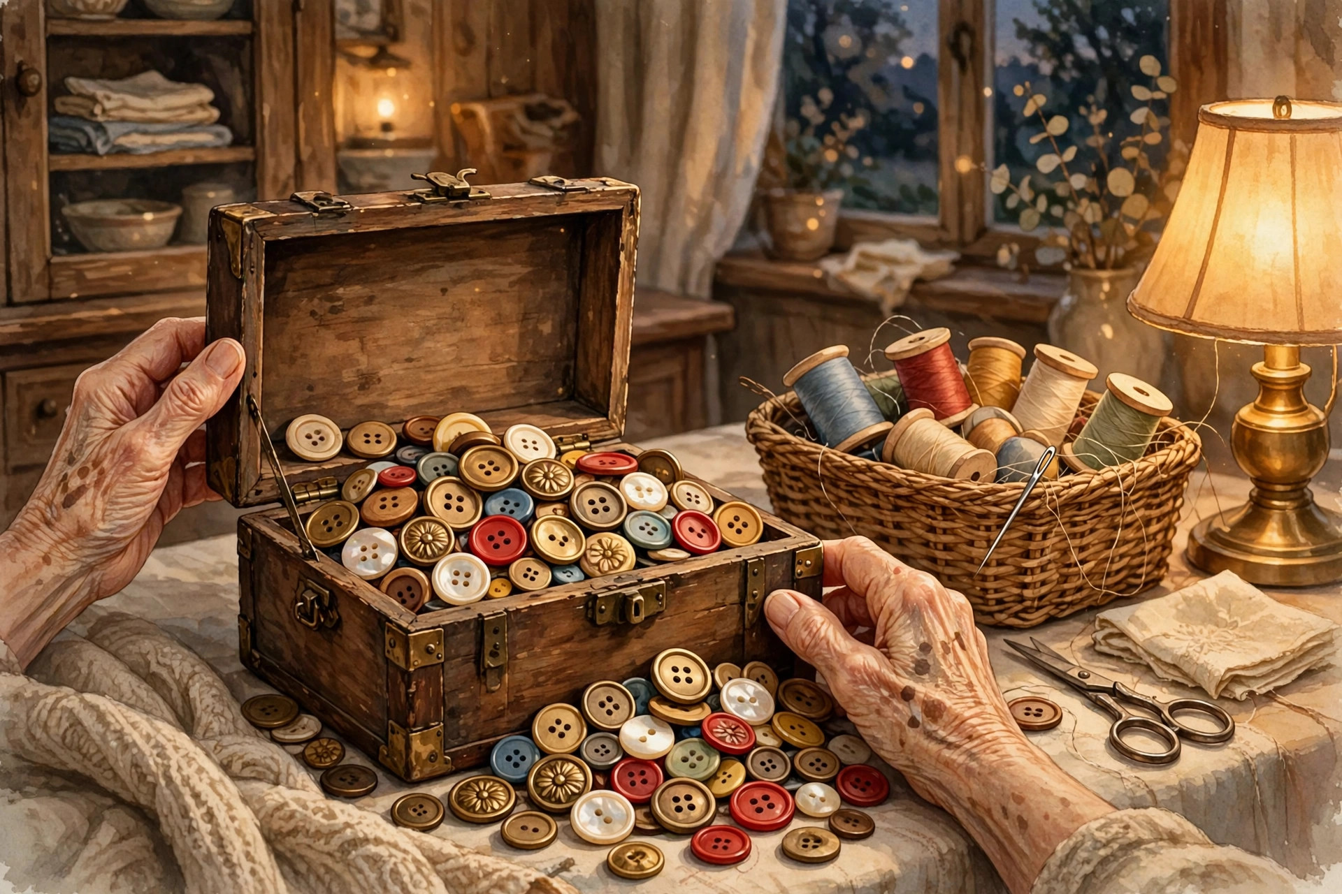 Elderly grandmother's hands opening a wooden box of colorful vintage buttons beside a sewing basket in warm lamplight, illustration for the short story The Button Box