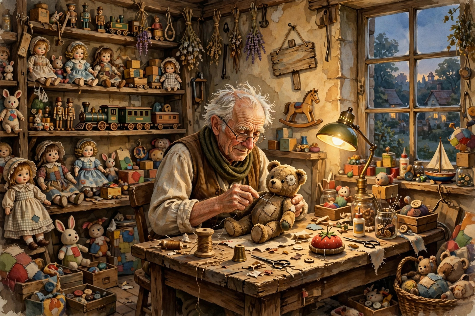 Old toy mender stitching a worn teddy bear at his workbench in a cosy workshop full of rescued toys