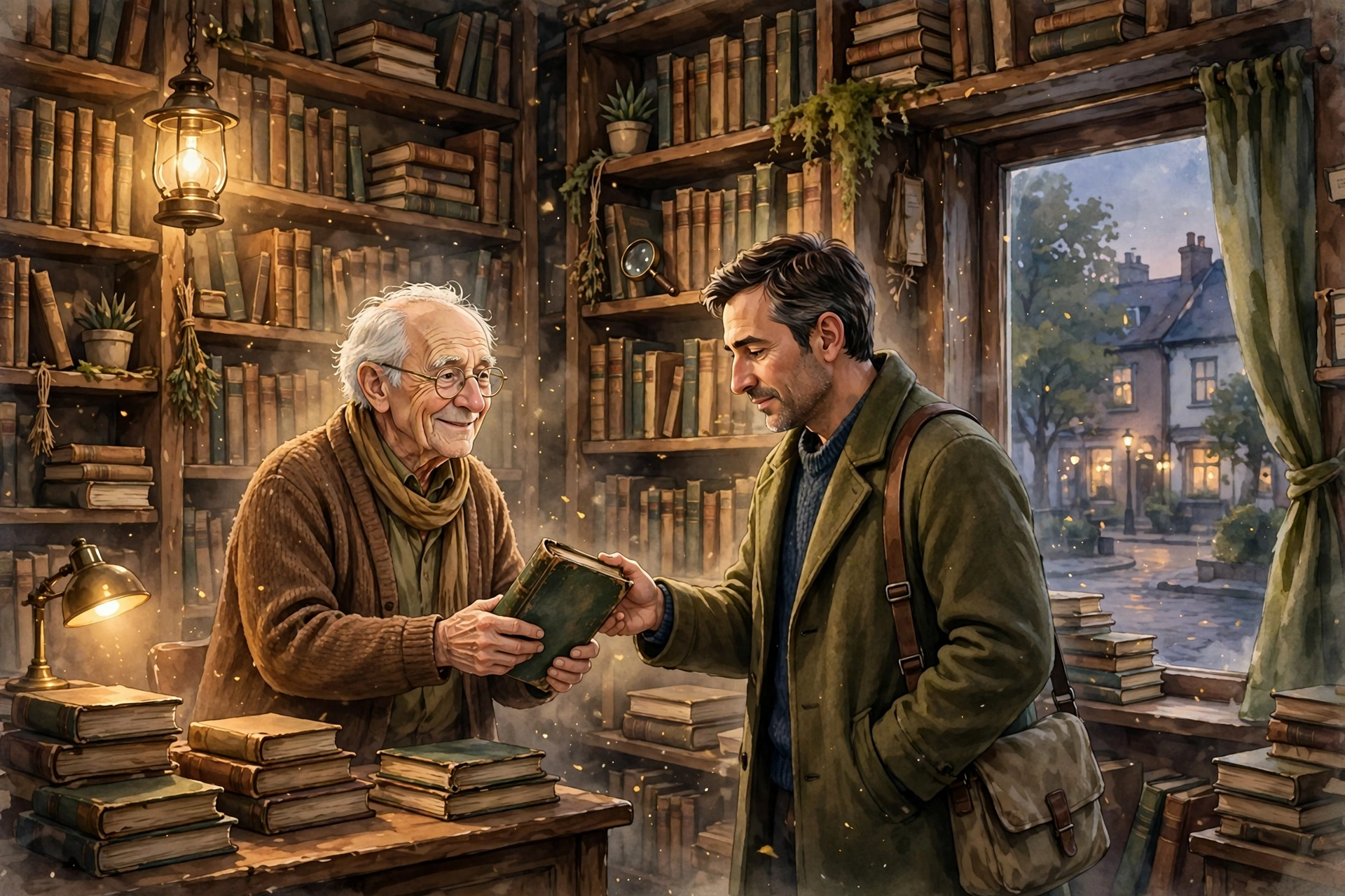 Warm storybook illustration of an elderly bookseller handing a worn green book to a middle-aged man in a cosy old bookshop at dusk