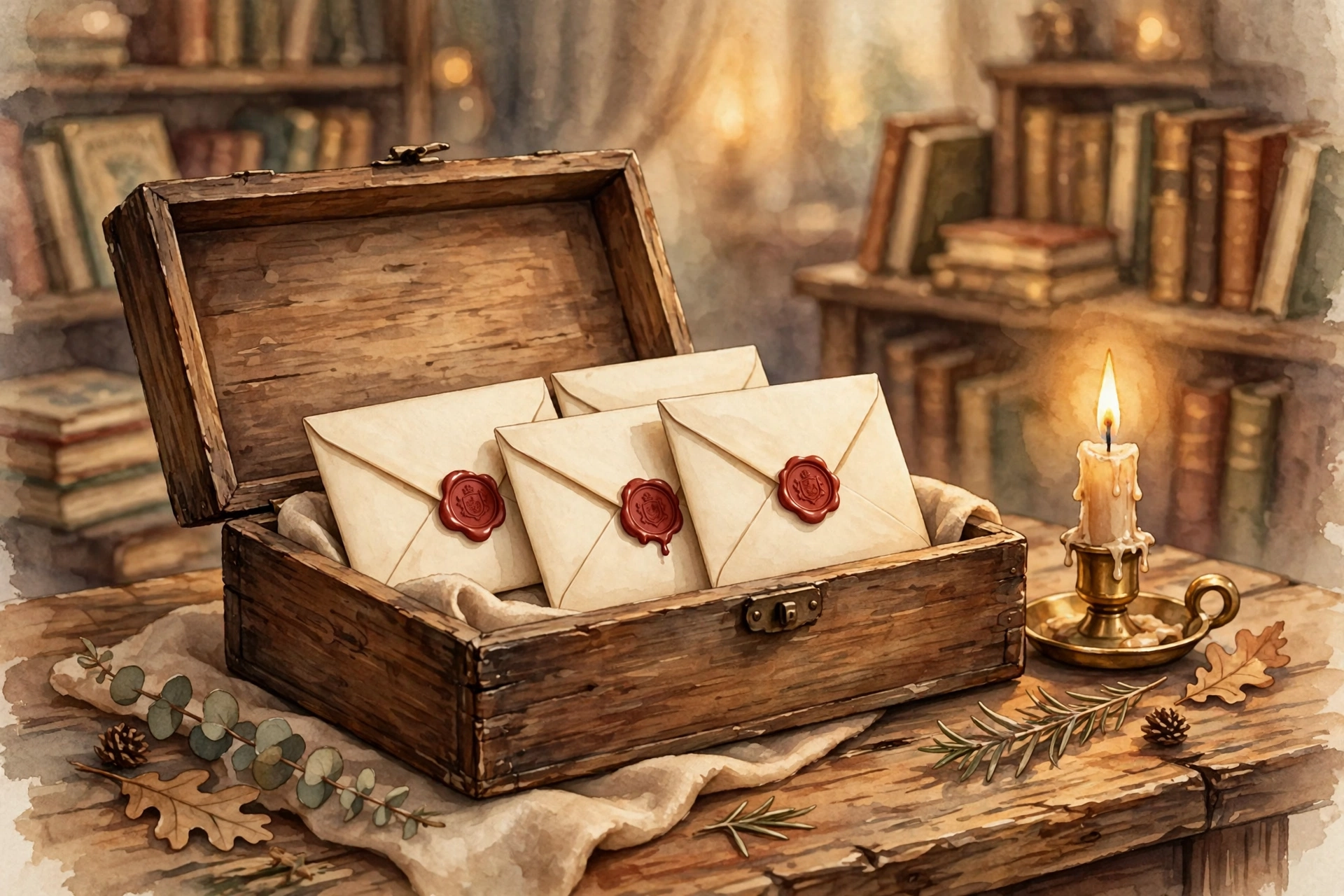 An open wooden box holding three wax-sealed envelopes beside a lit candle — illustration for The Three Envelopes wisdom story