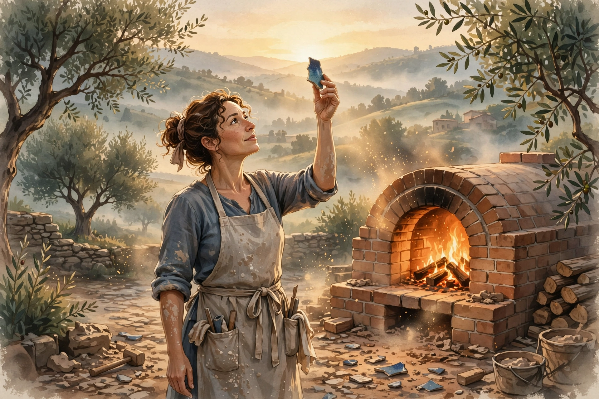 A potter holding a blue pottery shard up to the dawn light beside her glowing brick kiln — illustration for The Second Kiln, an inspirational story about life and struggles