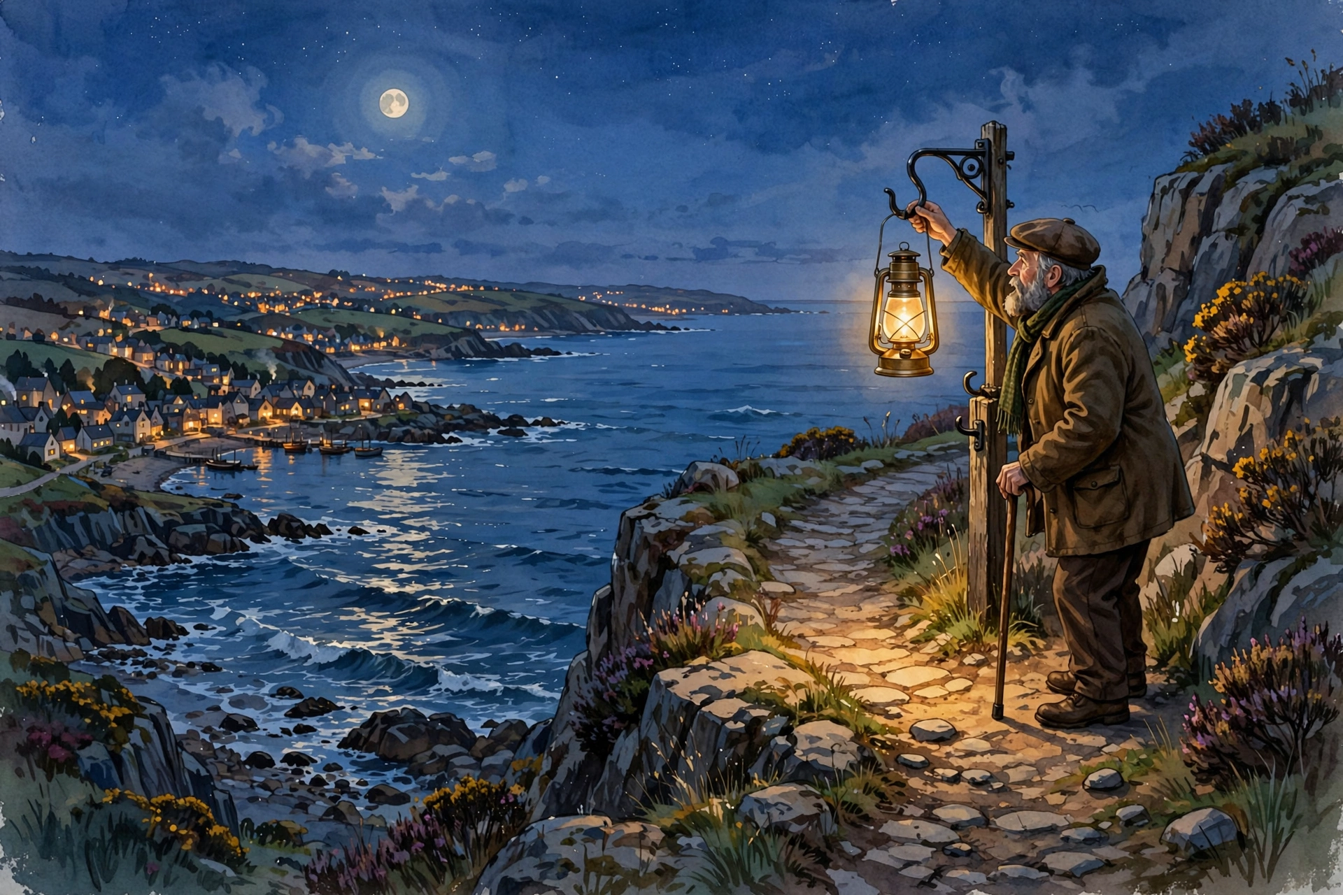 Old man hanging a glowing lantern on a cliff path at dusk, illustration for the moral story The Lantern Keeper