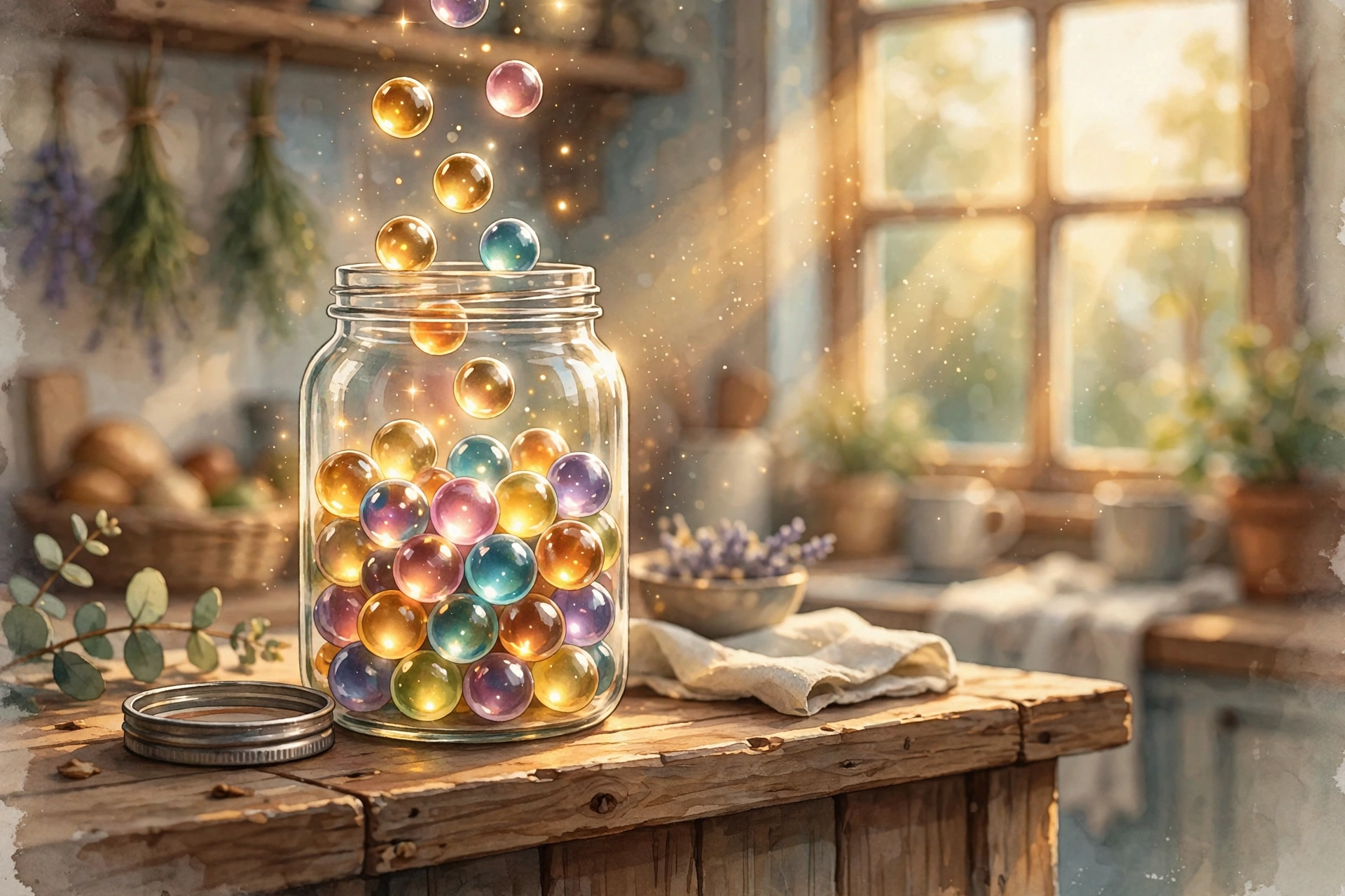 Glass jar filling with colorful marbles in warm sunlight, illustration for the story The Marble Jar