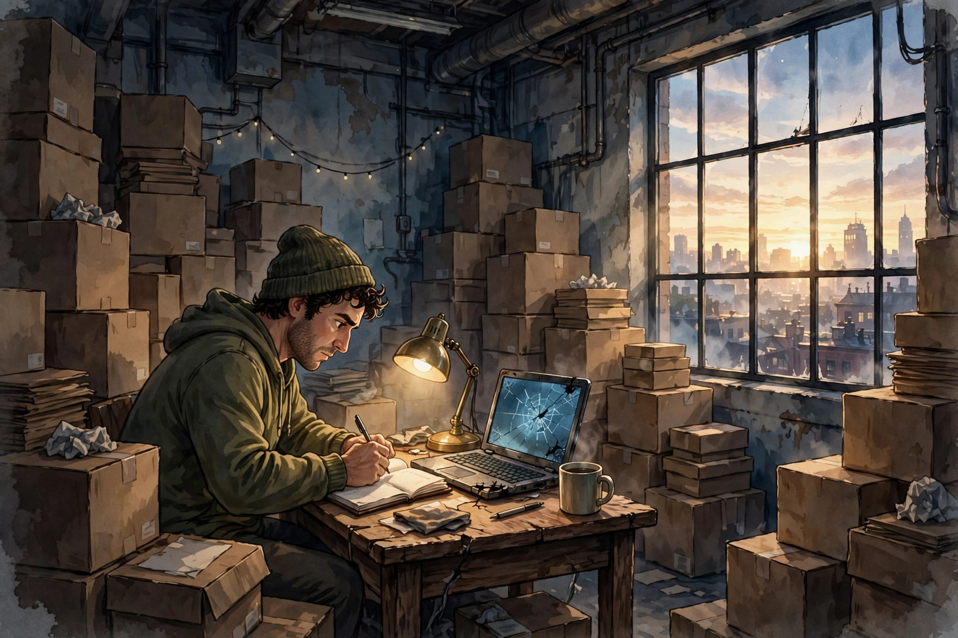 Warehouse worker writing in a notebook at night beside a cracked laptop, dawn breaking through the window, illustration for the motivational story The Night-Shift Writer