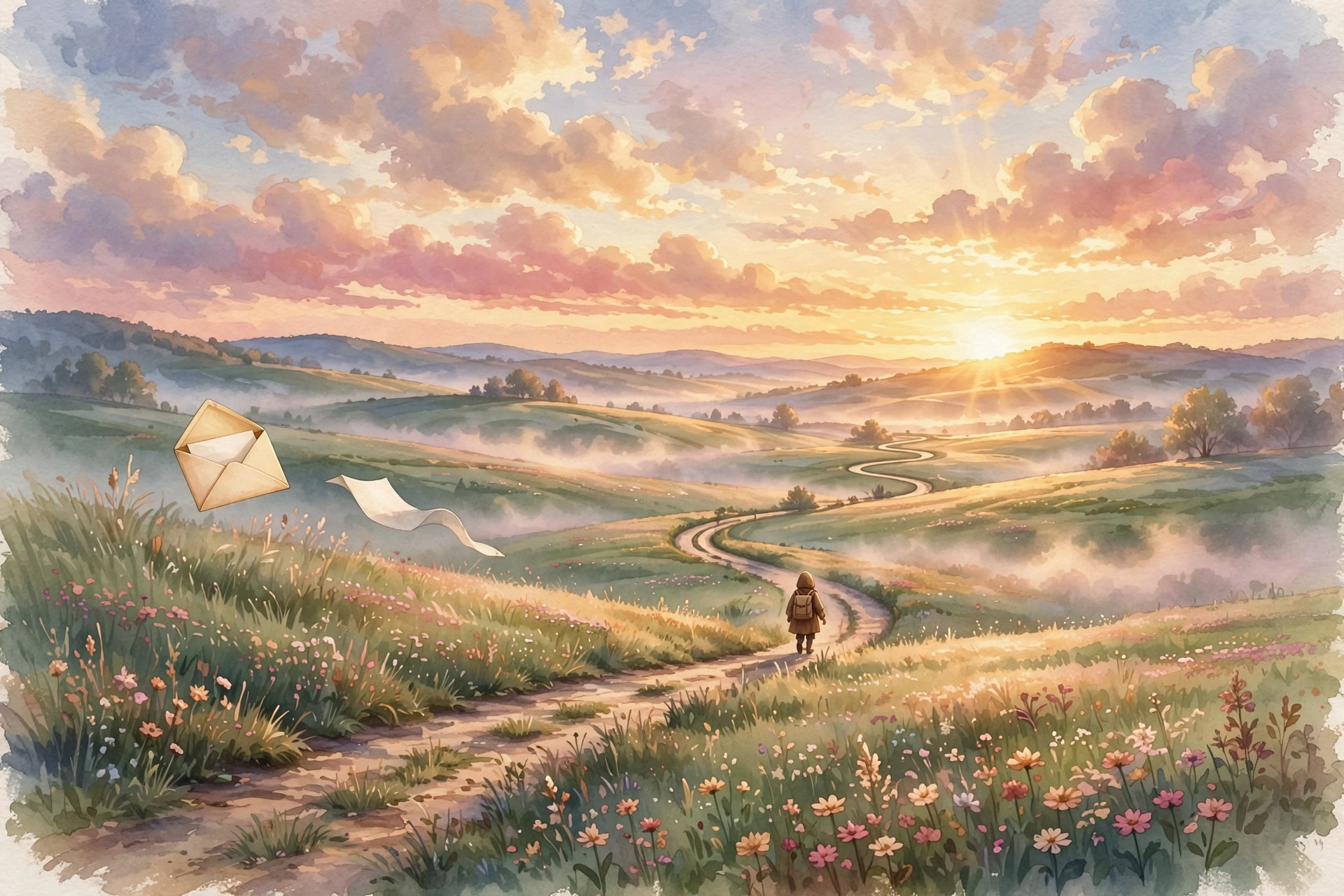 Lone figure walking a winding road toward sunrise with a letter flying in the breeze, illustration for two inspirational stories about second chances