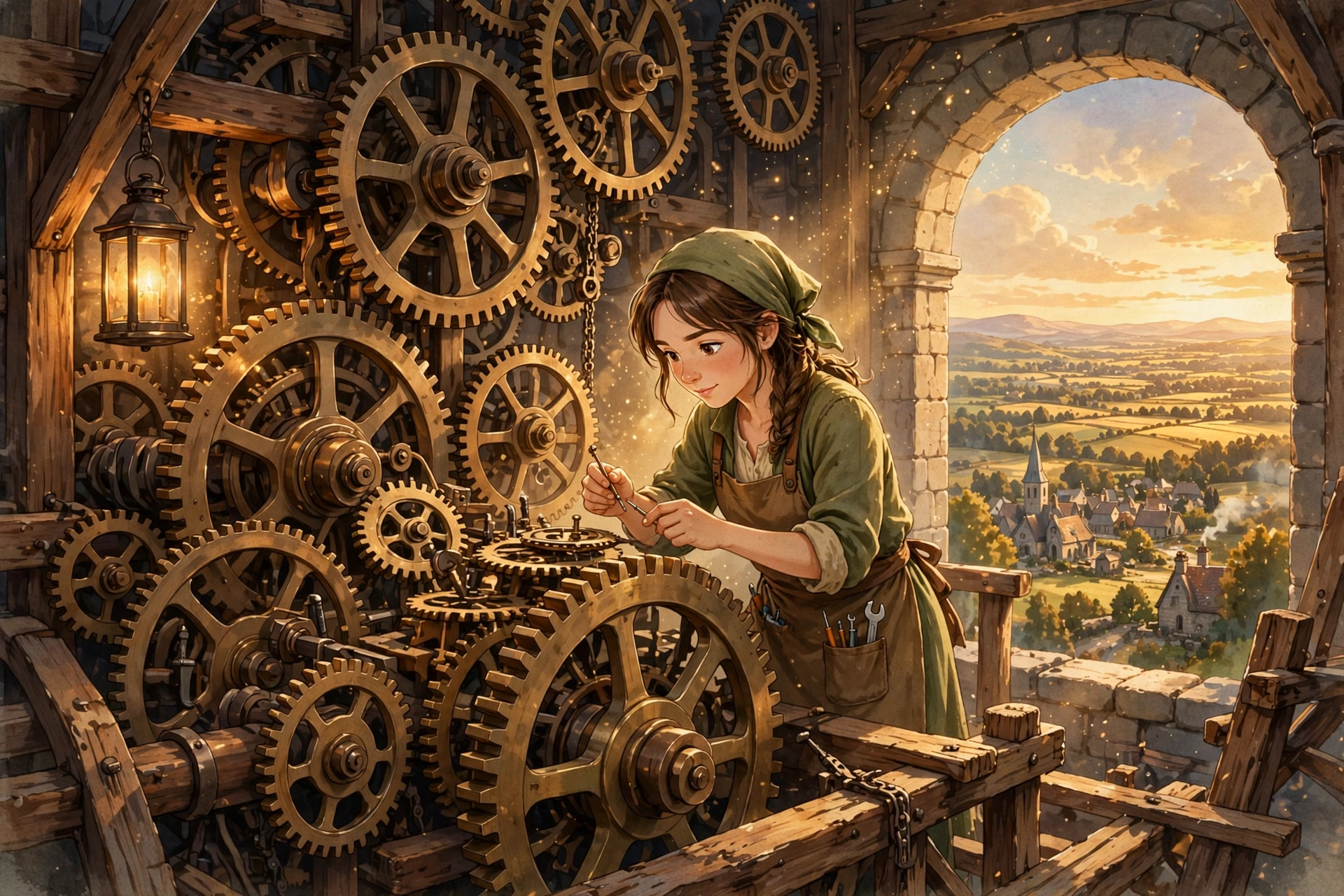 Young woman repairing the great gears of an old church clock tower in warm lantern light — illustration for The Watchmaker's Daughter