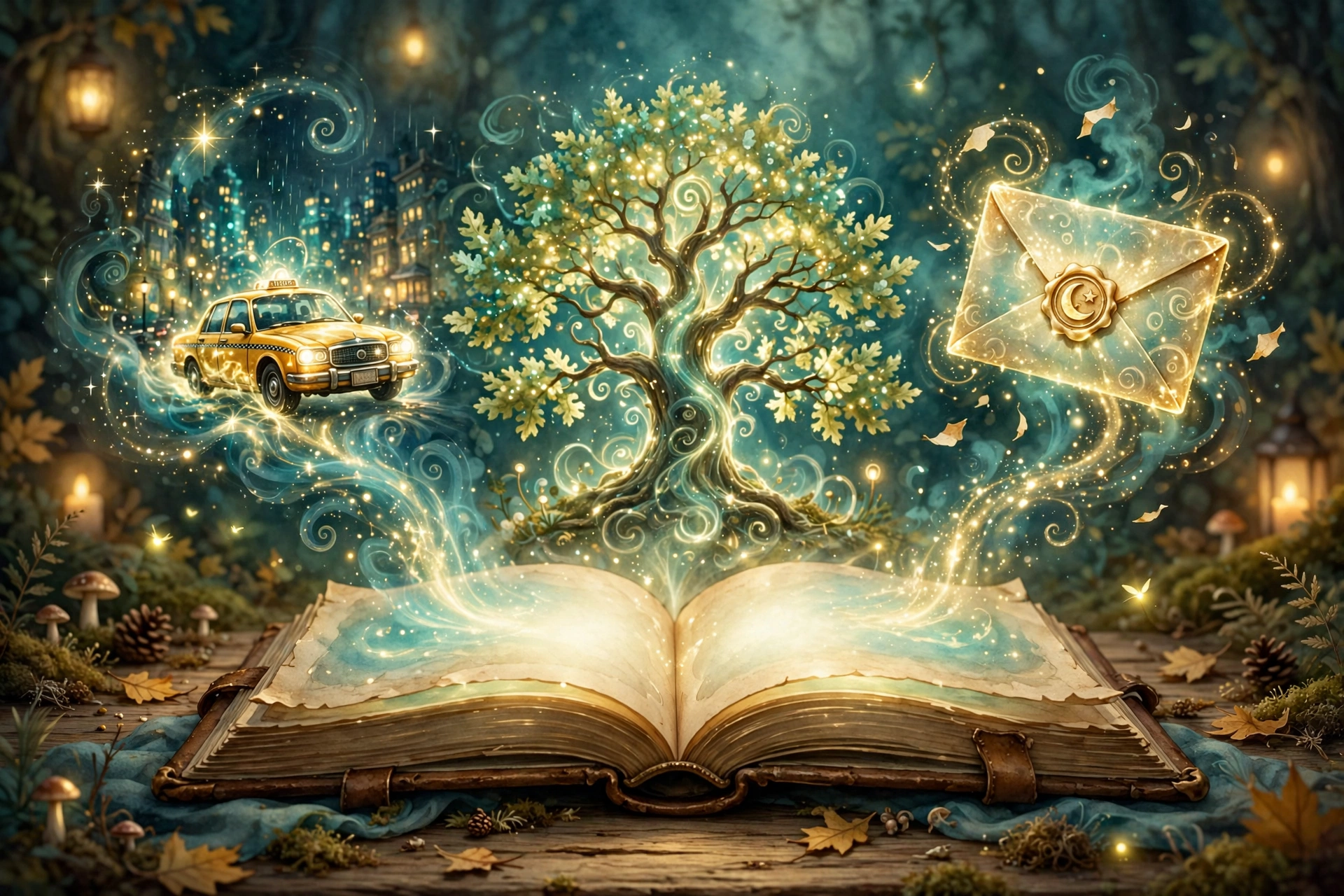 Open magical book with glowing scenes of a taxi, an oak tree and a letter, illustration for three moral stories