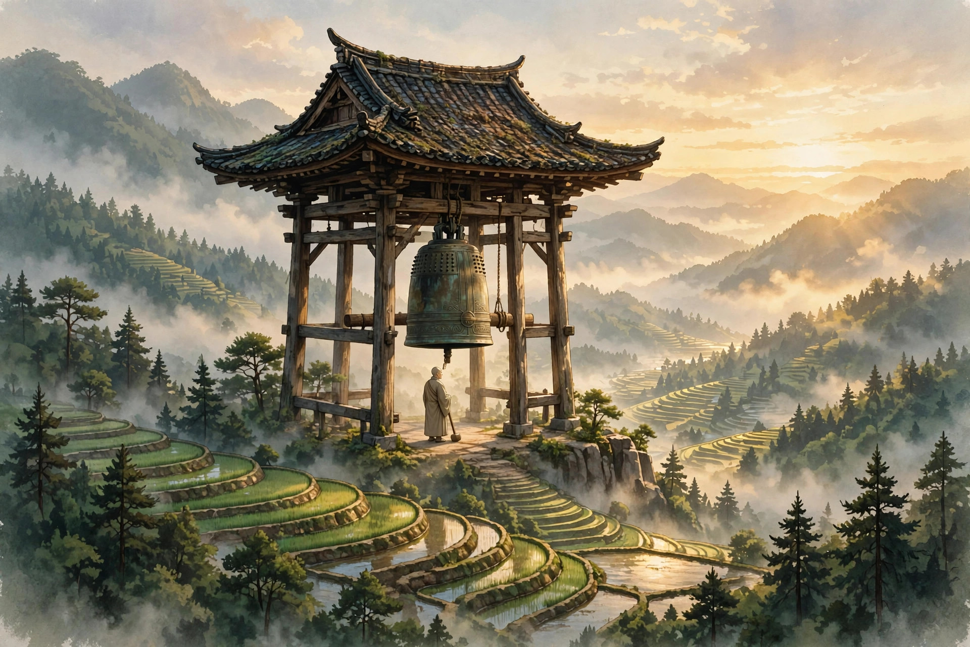 Old monk beneath a great bronze dawn bell in a temple tower above misty rice terraces at sunrise