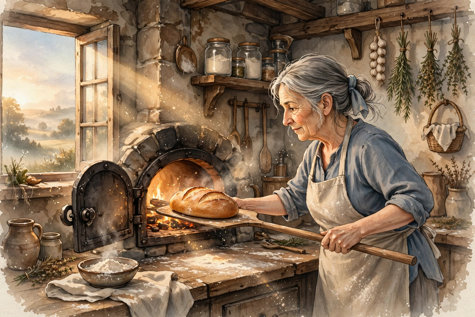 Rosa pulling a golden loaf of bread from a rustic oven in a warm storybook kitchen — featured image for The Extra Loaf
