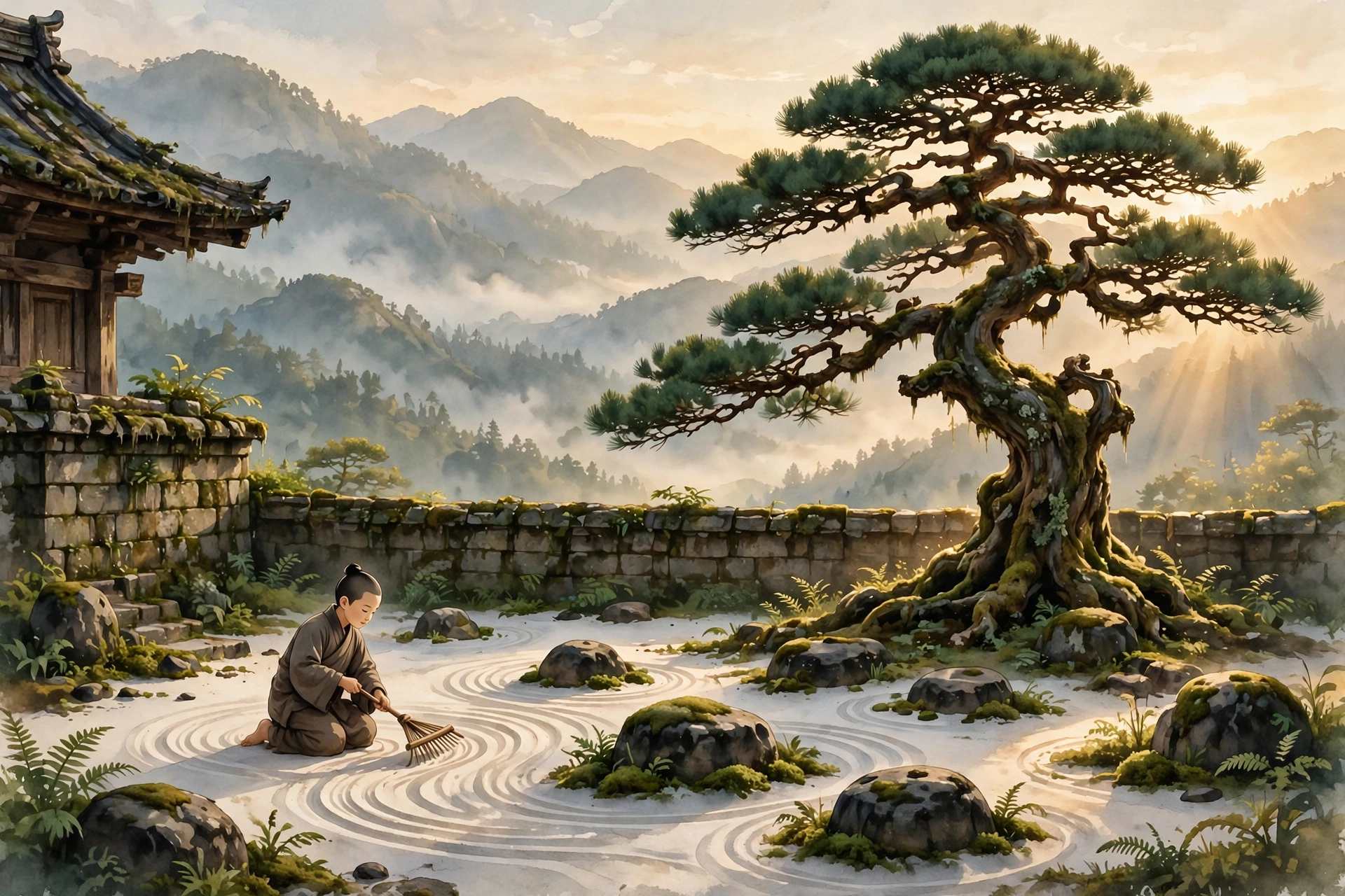 Young monk raking white sand into flowing lines around mossy stones in a zen temple garden at dawn, ancient pine and misty mountains behind.