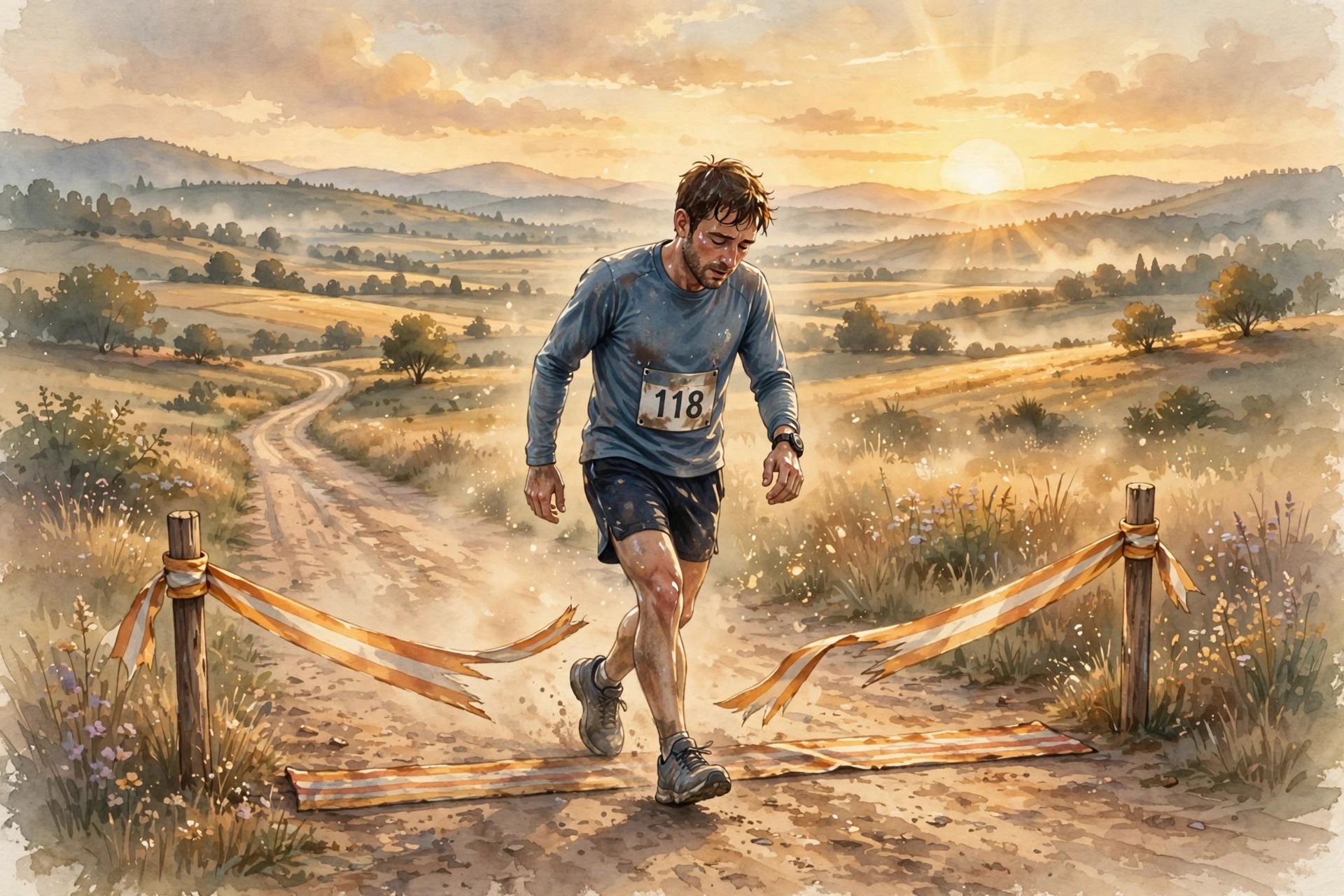Exhausted marathon runner crossing a finish line at golden sunset