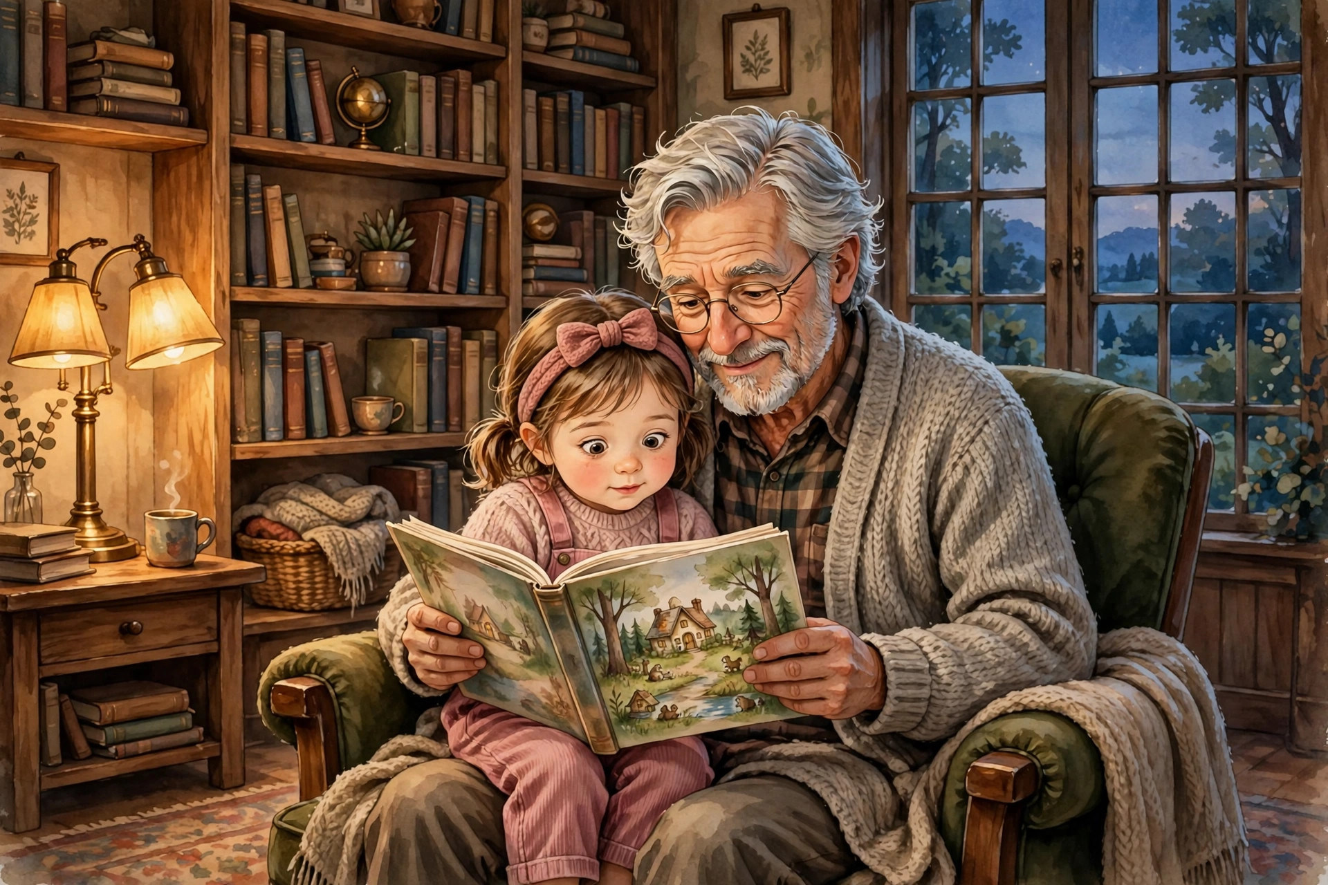 A grandfather reading a picture book to his little granddaughter in a cozy library — illustration for the motivational story The Late Reader